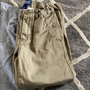 Khakis and gray polo shirt